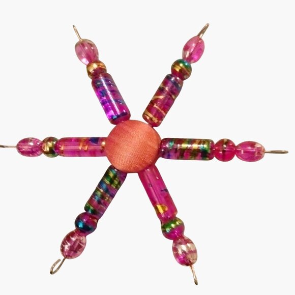 Christmas Ornament Star Handmade Beaded Pink Orange Button Suncatcher 3 Inch - Picture 3 of 3